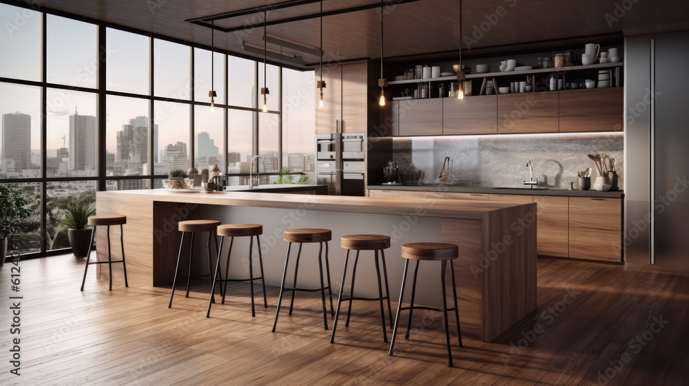 Modern kitchen with breakfast bar in an urban luxury apartment. Wooden floors, wooden facades, bar counter with bar stools, open shelves, large windows overlooking the city. 3d Generative AI
