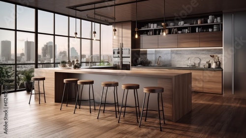 Modern kitchen with breakfast bar in an urban luxury apartment. Wooden floors  wooden facades  bar counter with bar stools  open shelves  large windows overlooking the city. 3d Generative AI