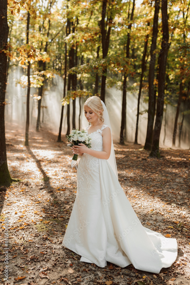 the bride is walking against the background of a fairy-tale fog in the forest. The rays of the sun break through the smoke, a fairy-tale wedding