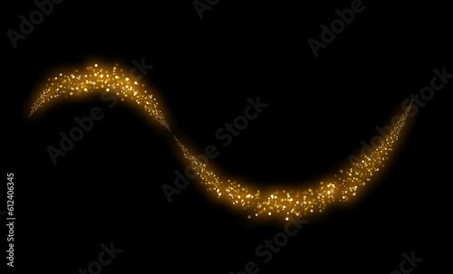 Wave of gold sparkles and glitter on black background. Abstract defocused lights and bokeh on dark background