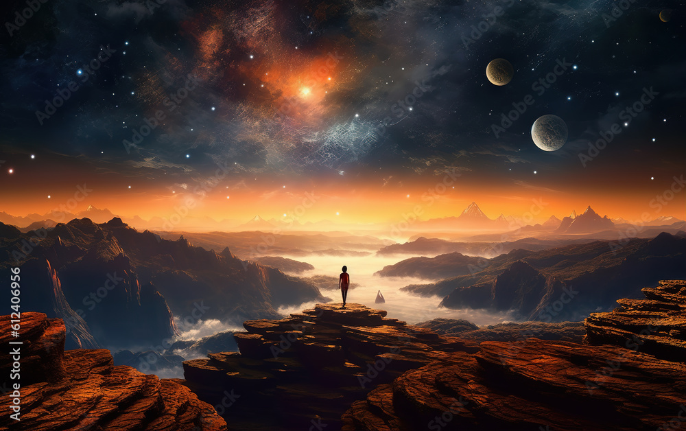 Standing alone on the mountaintop, gazing at the starry universe,created with generative ai tecnology. Standing alone on the mountaintop, gazing at the starry universe,created with generative ai tecnology.