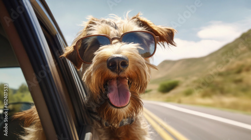 Happy Airedale Terrier Dog Traveling in Style: Sunglasses and Leash on Summer Road Trip - Generative AI