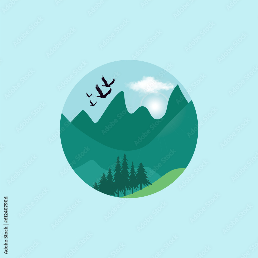Forest and mountains logo design template, nature landscape with silhouettes of trees,and mountains, natural scenery icons in circle frame, vector illustration