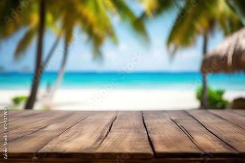 Tropical Paradise: Empty Wooden Table on Blurred Beach Background