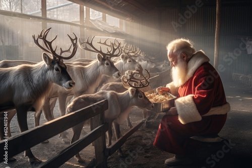 santa claus feeding his reindeer - Illustration created with generative ai