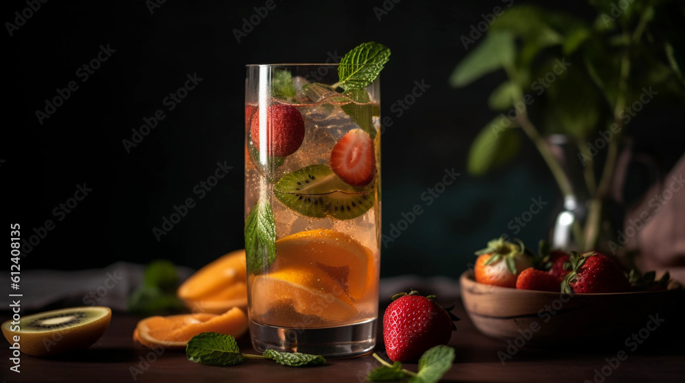 A glass filled with a refreshing fruit-infused water, garnished with mint leaves A glass filled with a refreshing fruit-infused water, garnished with mint leaves