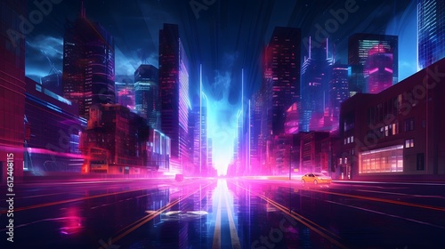 Neon night city of the future. Night panorama of the city  neon light. Generative ai.