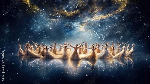 figure of a ballerina among the starry sky. Dancing Among the fire galaxy and stars. Generative AI