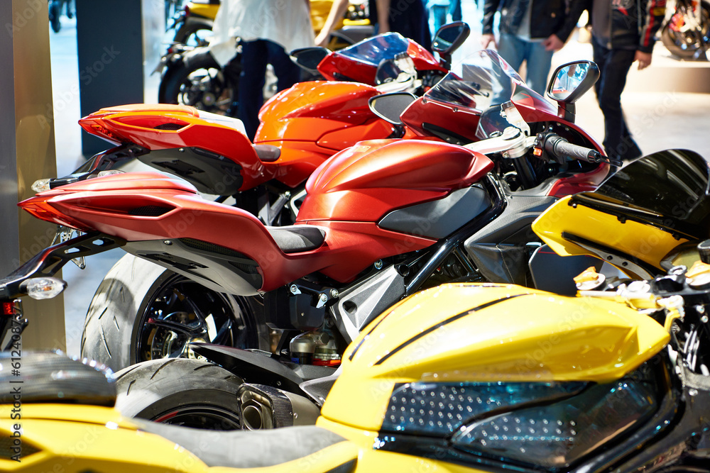 Modern motorcycles at the store