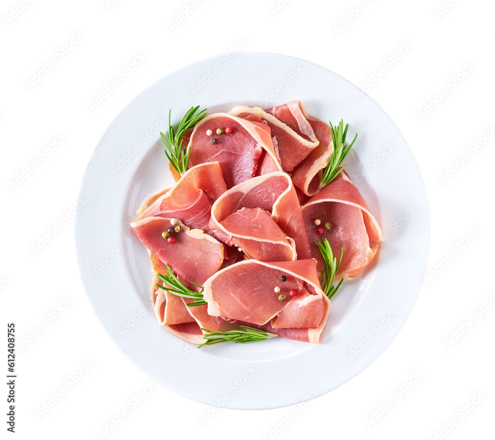 Spanish jamon cut, parma ham cutting with rosemary and spice in a plate isolated on white background.