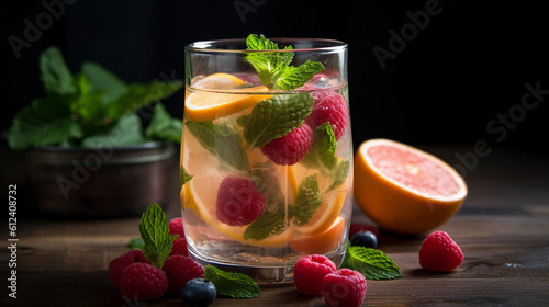 A glass filled with a refreshing fruit-infused water, garnished with mint leaves
