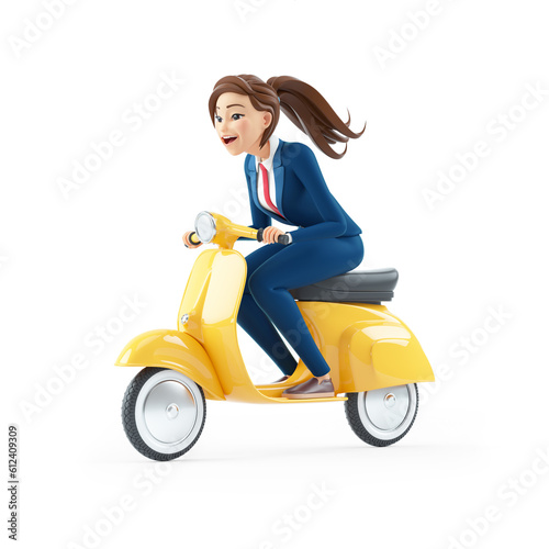 3d cartoon businesswoman riding a scooter