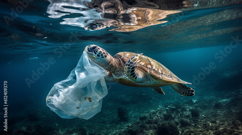 Illustration of sea turtle eating plastic made with Generative AI © Chris