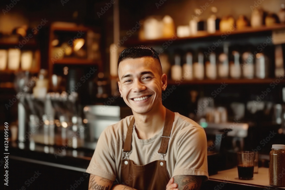 Portrait of a happy and smiling waiter, or small business owner in the coffee shop. Portrait of a happy and smiling waiter, or small business owner in the coffee shop.