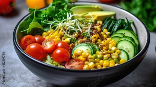 Healthy salad bowl with quinoa, tomatoes, chicken, avocado, lime and mixed greens lettuce, parsley on wooden background top view. Food and health. Generative ai.