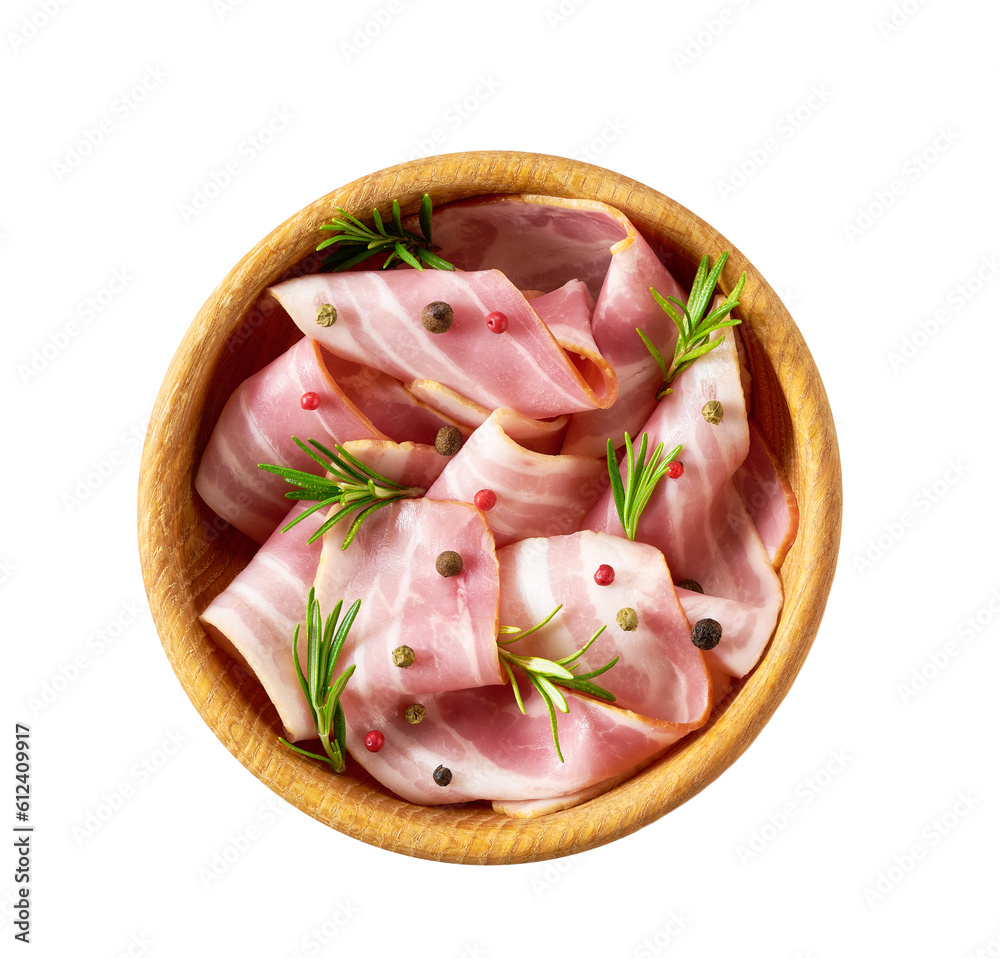 Smoked bacon strips and rosemary in a wooden bowl isolated on white background, top view. Smoked bacon strips and rosemary in a wooden bowl isolated on white background, top view.