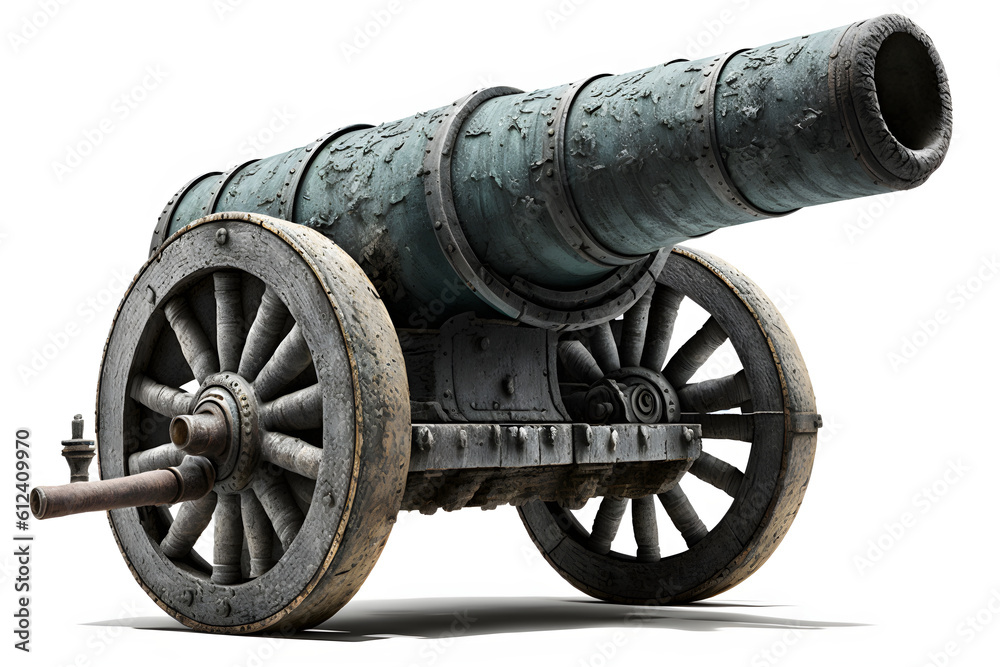 Old ancient cannon isolated on white background, ai generated Old ancient cannon isolated on white background, ai generated