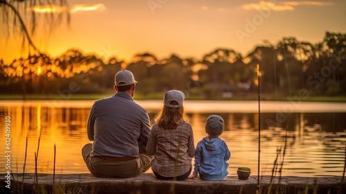 A young family is fishing on the lake. summer time of the year. Poster for advertising. generative AI.