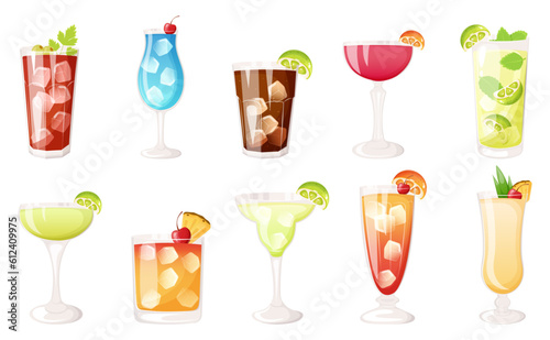 Popular alcoholic cocktail set. Bloody Mary, blue lagoon, Cuba libre, cosmopolitan, mojito, daiquiri, mai tai, margarita, tequila sunrise, Pina colada.