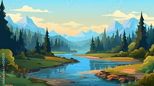 Beautiful mountain lake scenery with clear still water  mountain ridge  dense forest  meadow shores and tall pine trees in the foreground. Generative Ai.
