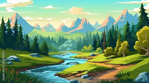 Beautiful mountain lake scenery with clear still water  mountain ridge  dense forest  meadow shores and tall pine trees in the foreground. Generative Ai.