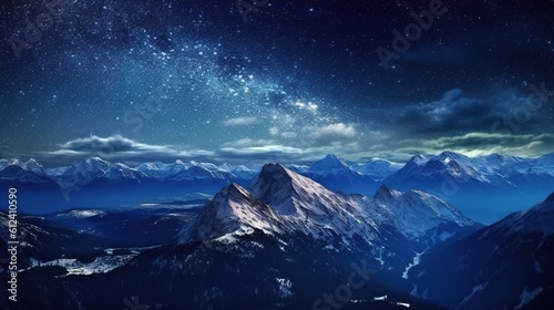 A night starry sky with the Milky Way galaxy passing through a majestic mountain range. Generative AI