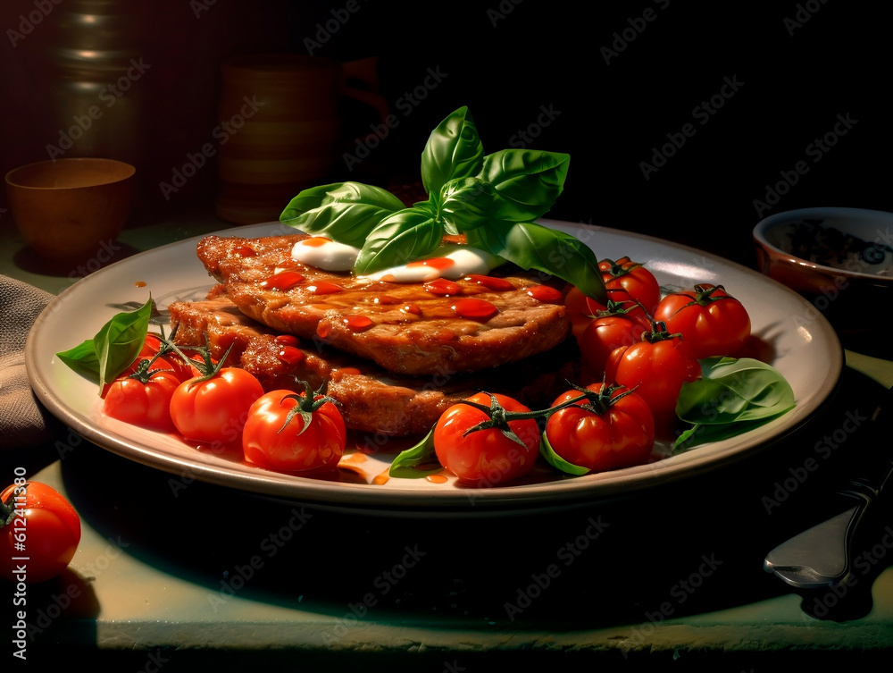 Grilled hamburger with tomatoes and basil on a dark background.AI Generated