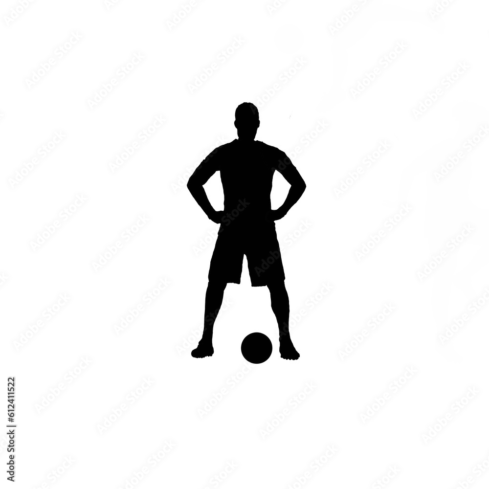 Soccer player and the ball. Soccer player silhouette. Black and white soccer player illustration.