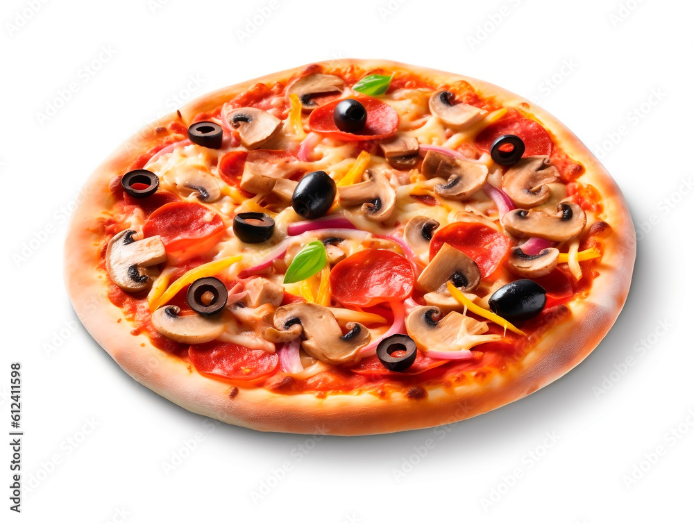 Pizza with mushrooms and olives on white background, closeup.AI Generated Pizza with mushrooms and olives on white background, closeup.AI Generated