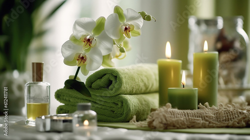 Green spa or wellness background with towels, candle, orchid flowers and accessories on white desk