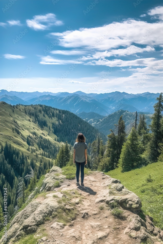 Girl on mountain peak looking at beautiful mountain valley in fog in summer. Landscape with sporty young woman, foggy hills, forest, sky. Travel and tourism. Hiking. Generative aI.