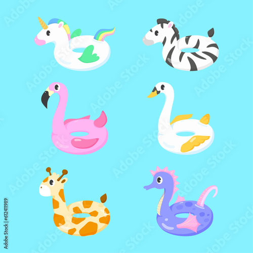 Cartoon animal shaped inflatable kids swimming ring. Summer swimming pool toys vector illustration set. Cute unicorn, zebra, flamingo, swan, giraffe, sea horse floating rubber.