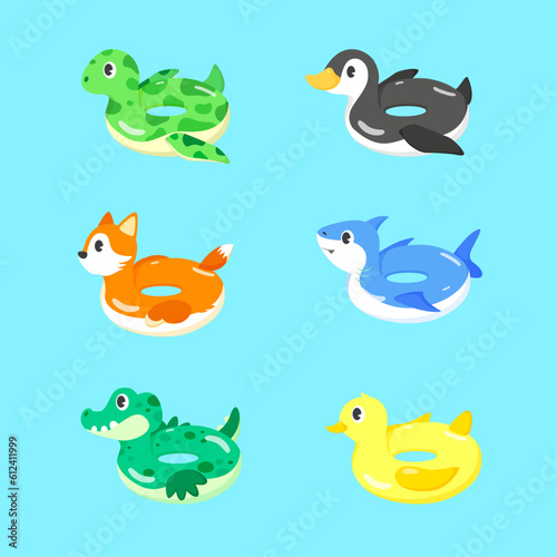 Cartoon animal shaped inflatable kids swimming ring. Summer swimming pool toys vector illustration set. Cute turtle, penguin, fox, shark, crocodile, duck floating rubber.