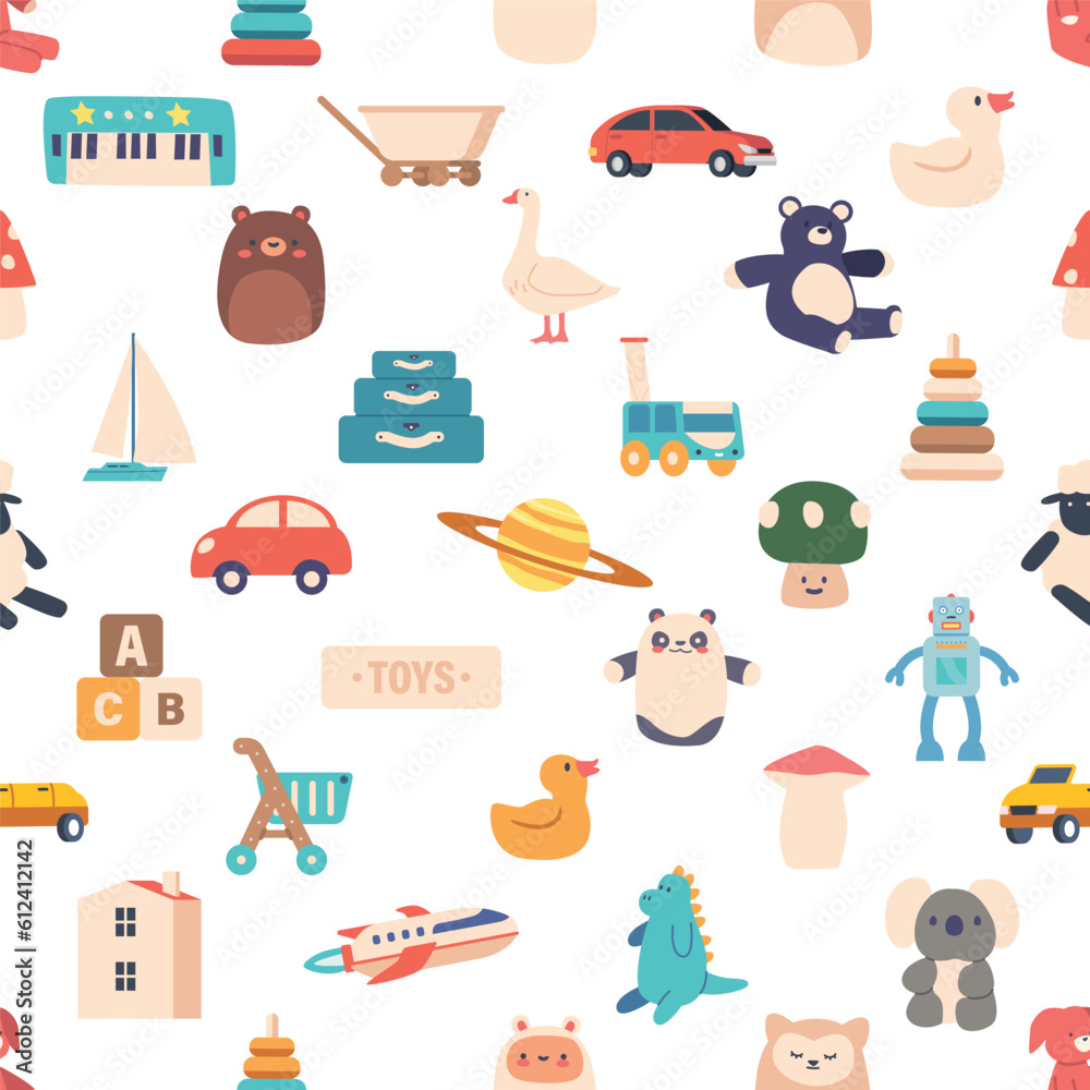 Playful Seamless Pattern Featuring A Variety Of Colorful Kid Toys. Teddy Bear, Robot, Plane, Pyramid Vector Illustration