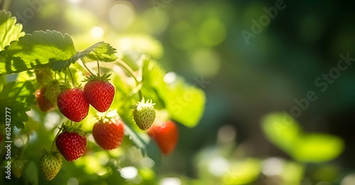 Ripe strawberry on a branch close up. Red strawberry on a bush on a blurred background. Generative AI