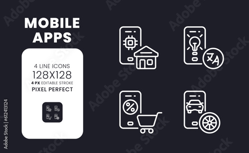 Mobile apps white linear desktop icons on black. Digital assistants. Software development. Pixel perfect 128x128, outline 4px. Isolated interface symbols pack for dark mode. Editable stroke