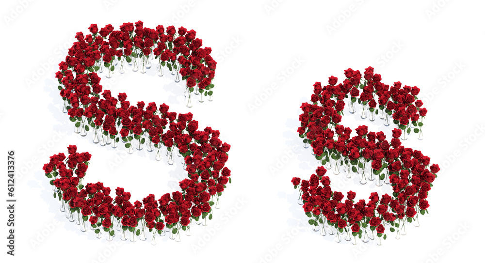 Concept or conceptual set of beautiful blooming red roses bouquets forming the font S. 3d illustration metaphor for education, design and decoration, romance and love, nature, spring or summer. Concept or conceptual set of beautiful blooming red roses bouquets forming the font S. 3d illustration metaphor for education, design and decoration, romance and love, nature, spring or summer.