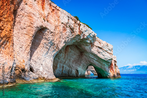 Zakynthos, Greece. Rock arches of Blue Caves, Agios Nikolaos port trip.