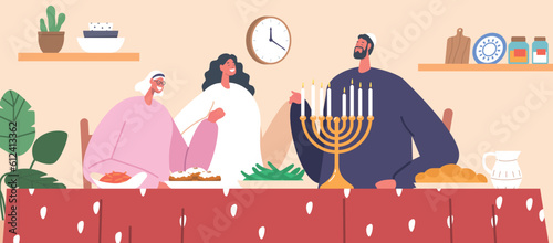 Jewish Family Characters Gathers Together To Pray During A Meal, Embracing Their Traditions And Expressing Gratitude