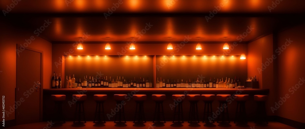 Long Shot View of a Bar area with orange walls in Cinematic lighting using 35mm Photograph style. Generative AI