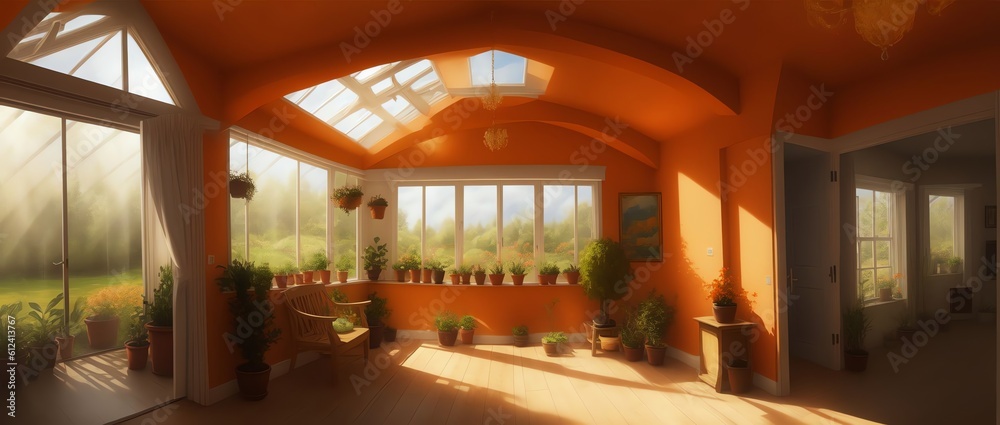 Long Shot View of a Conservatory with orange walls in Sunrays shine upon it using Acrylic art painting style. Generative AI
