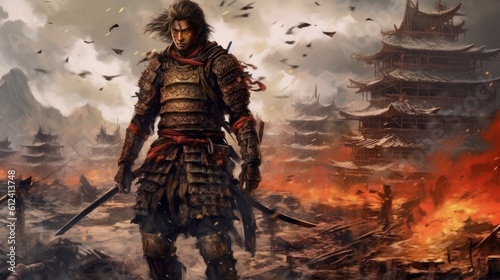 Fotografering Samurai warrior in armor and mask against the background of a burning ruined city