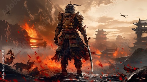 Samurai warrior in armor and mask against the background of a burning ruined city. japanese samurai. generative ai