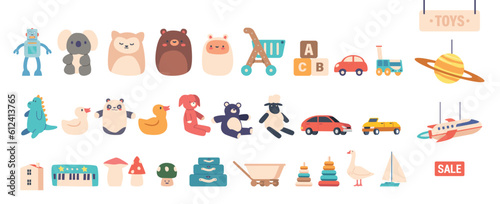 Assorted Collection Of Children Toys, Offering A Wide Range Of Play Possibilities And Entertainment, Vector Illustration