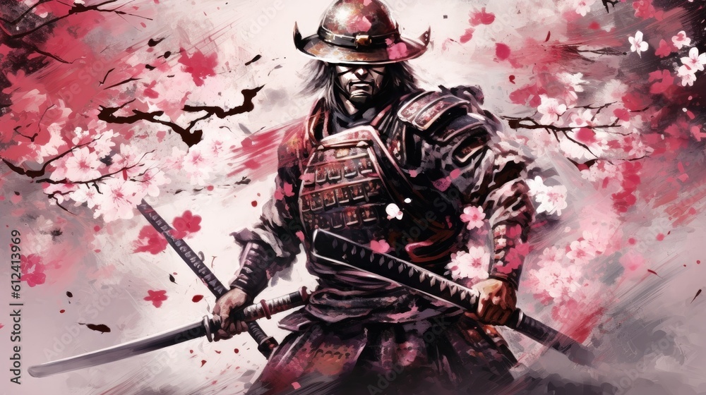 Fototapeta premium A samurai with cherry blossom from Japan . japanese samurai. Generative ai.