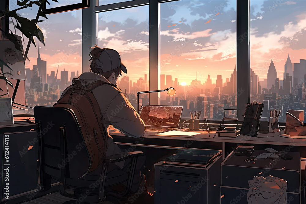 Anime Office Scene, Creative and Imaginative Workplace Anime Office Scene, Creative and Imaginative Workplace