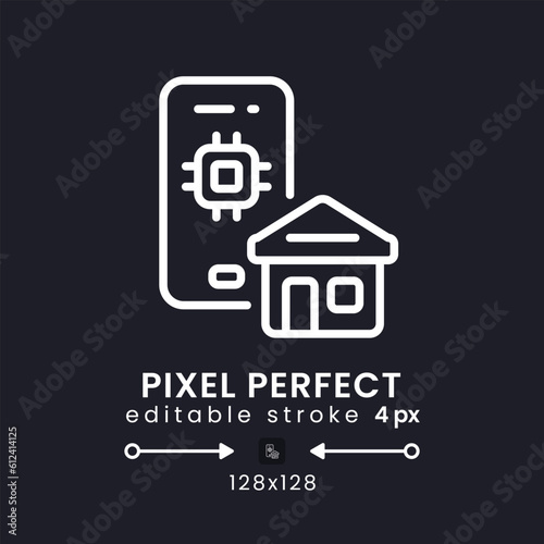 Home Automation app white linear desktop icon on black. Internet of Things devices. Pixel perfect 128x128, outline 4px. Isolated user interface symbol for dark theme. Editable stroke