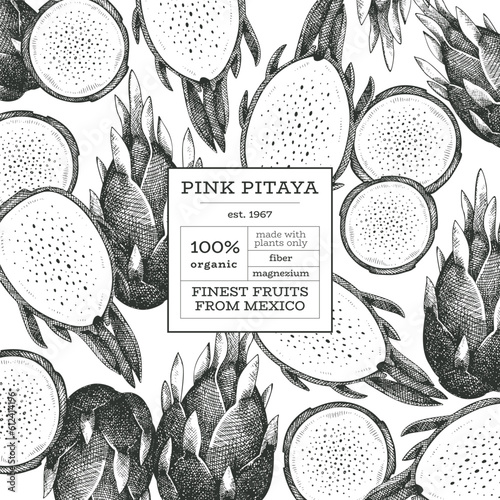 Hand drawn dragon fruit design template. Organic fresh food vector illustration. Retro pitaya fruit banner.