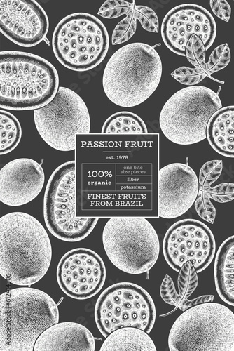 Hand drawn sketch style passion fruit banner. Organic fresh fruit vector illustration on chalk board. Retro exotic maracuya design template