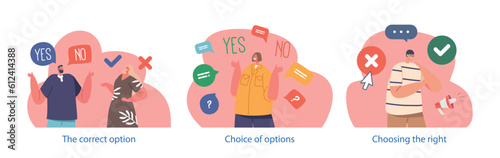Isolated Elements With Decision-making Scenes. Characters Contemplating Options, Weighing Pros And Cons